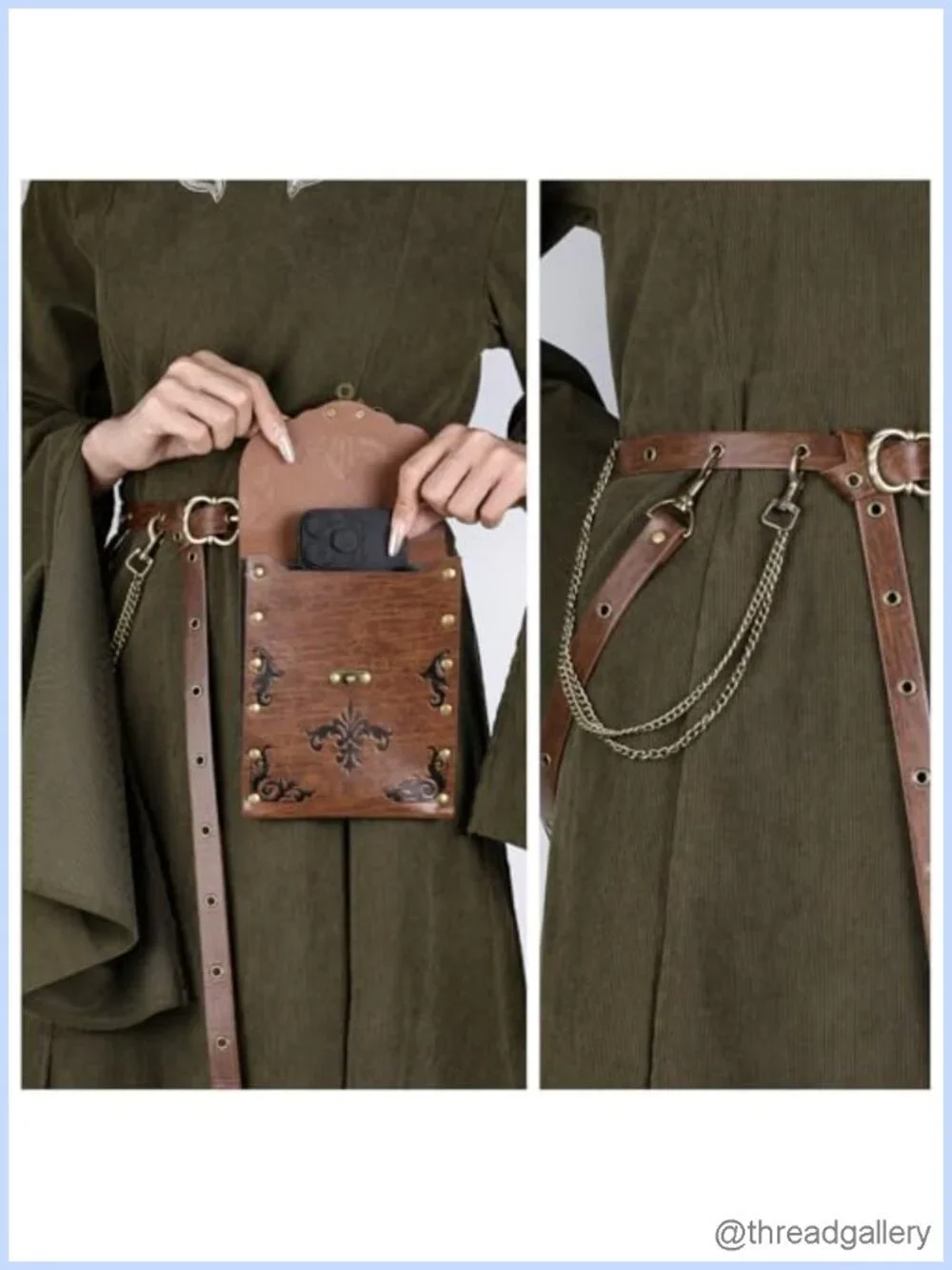 Medieval Vintage Faux Leather Belt with Pouch & Chains Adjustable Costume Belt